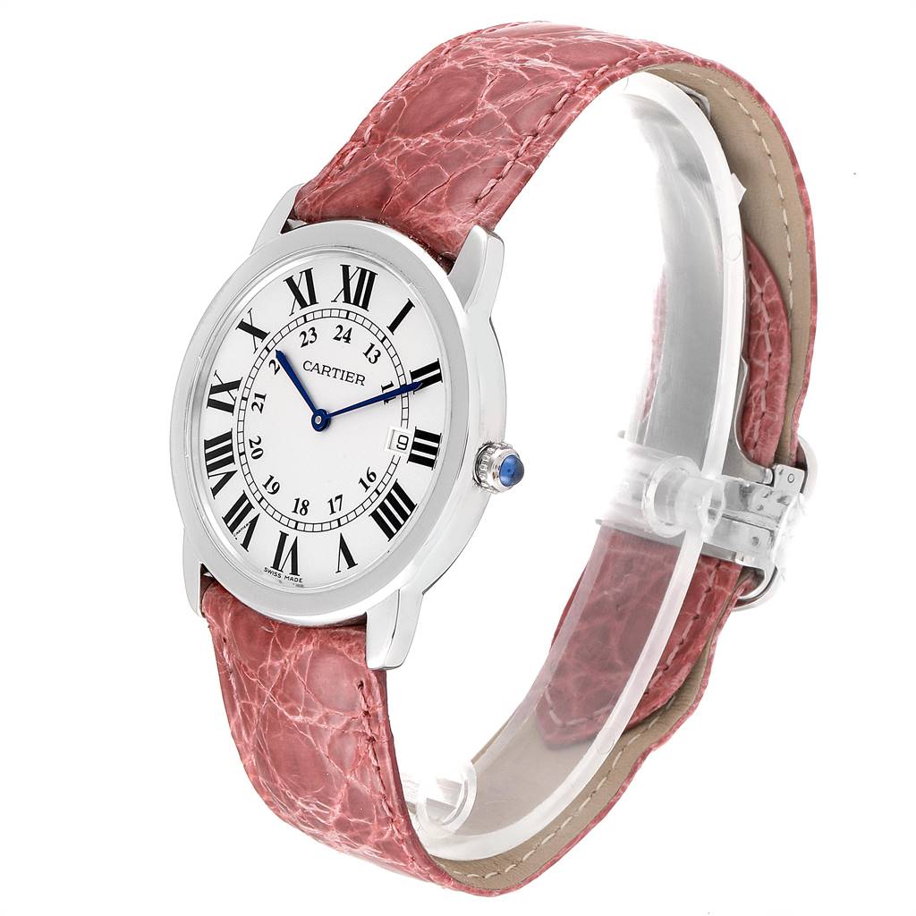 This Cartier Ronde W6700255 Stainless Steel Silver Dial W6700255 Stainless Steel Silver Dial watch is shown at a slight angle, displaying its face, bezel, crown, and pink leather strap.