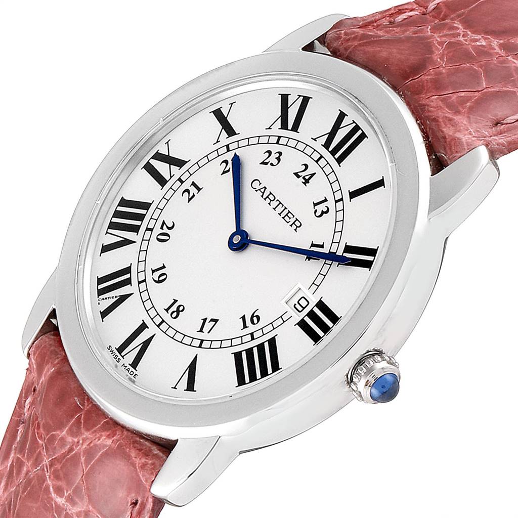 The image shows a Cartier Ronde W6700255 Stainless Steel Silver Dial W6700255 Stainless Steel Silver Dial watch at a slight angle, displaying the dial, hands, crown, and part of the strap.