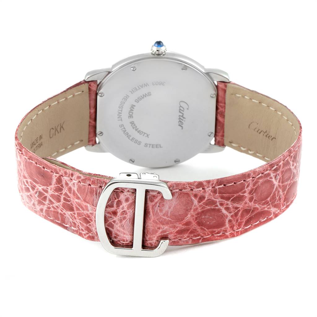 The image shows the back view of a Cartier Ronde W6700255 Stainless Steel Silver Dial W6700255 Stainless Steel Silver Dial watch, highlighting its case back, pink strap, and clasp.