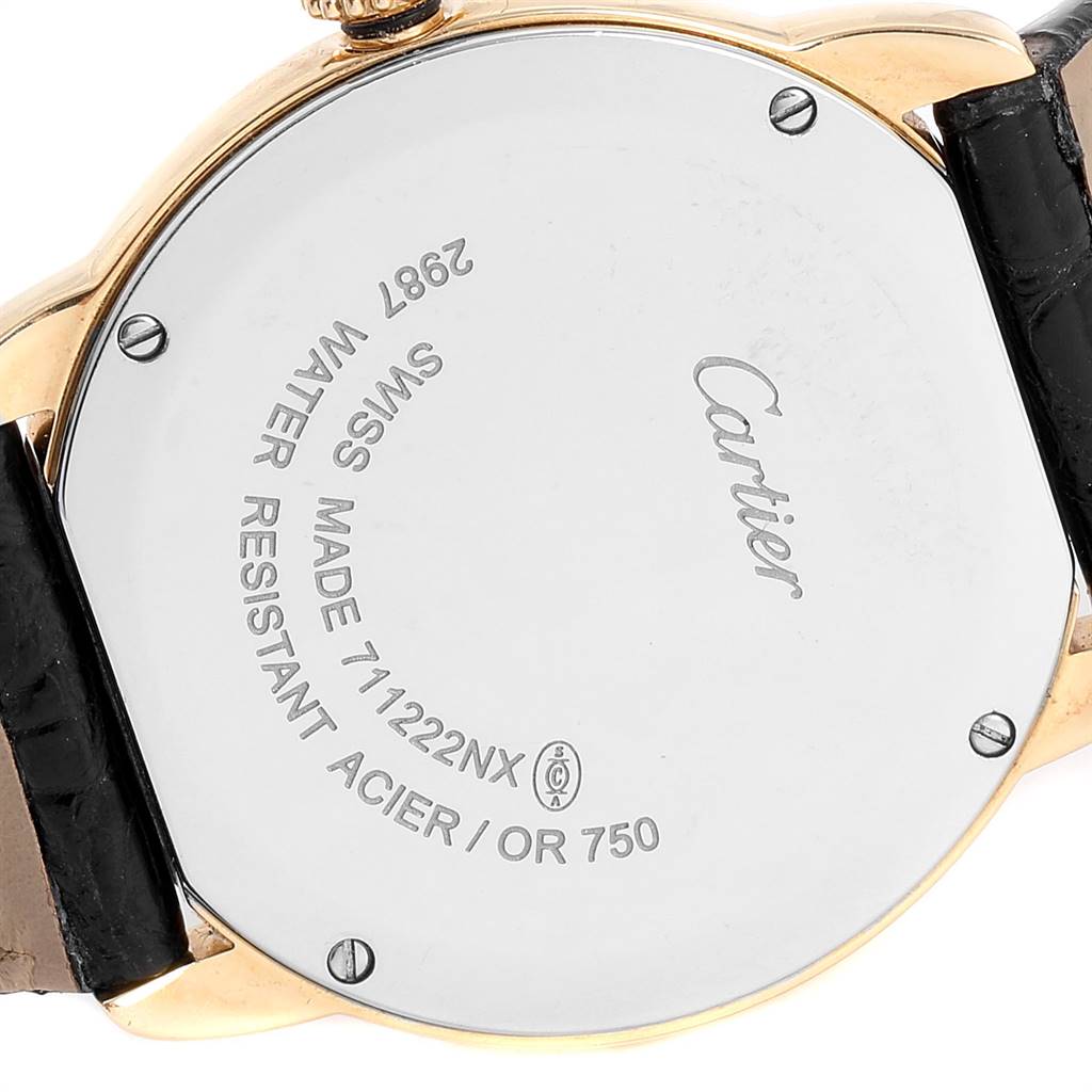 The image shows the back of a Cartier Ronde W6700355 Women's Steel and Gold (two tone) Silver Dial W6700355 Women's Steel and Gold (two tone) Silver Dial watch, highlighting the case, caseback, and part of the leather strap.