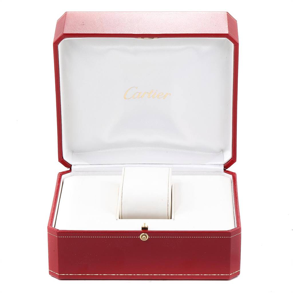 This is a Cartier Ronde W6700355 Women's Steel and Gold (two tone) Silver Dial W6700355 Women's Steel and Gold (two tone) Silver Dial watch box shown from the front, opened to reveal a white cushion inside.
