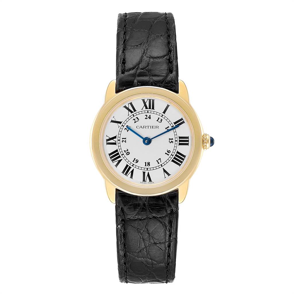The image shows a front view of a Cartier Ronde W6700355 Women's Steel and Gold (two tone) Silver Dial W6700355 Women's Steel and Gold (two tone) Silver Dial watch with a gold case and black leather strap.