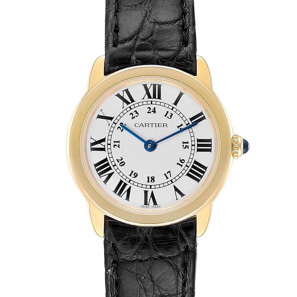 This image shows the front view of the Cartier Ronde W6700355 Women's Steel and Gold (two tone) Silver Dial W6700355 Women's Steel and Gold (two tone) Silver Dial model watch, highlighting its dial, case, and leather strap.