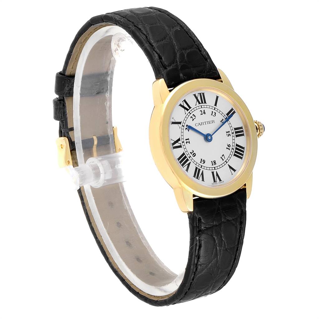 This image shows a Cartier Ronde W6700355 Women's Steel and Gold (two tone) Silver Dial W6700355 Women's Steel and Gold (two tone) Silver Dial model watch at a front-left angle, highlighting its round face, Roman numeral hour markers, and black leather strap.