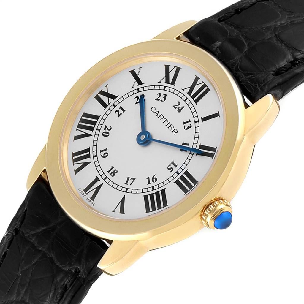 This image shows a top view of the Cartier Ronde W6700355 Women's Steel and Gold (two tone) Silver Dial W6700355 Women's Steel and Gold (two tone) Silver Dial watch, featuring its face, bezel, crown, and part of the strap.