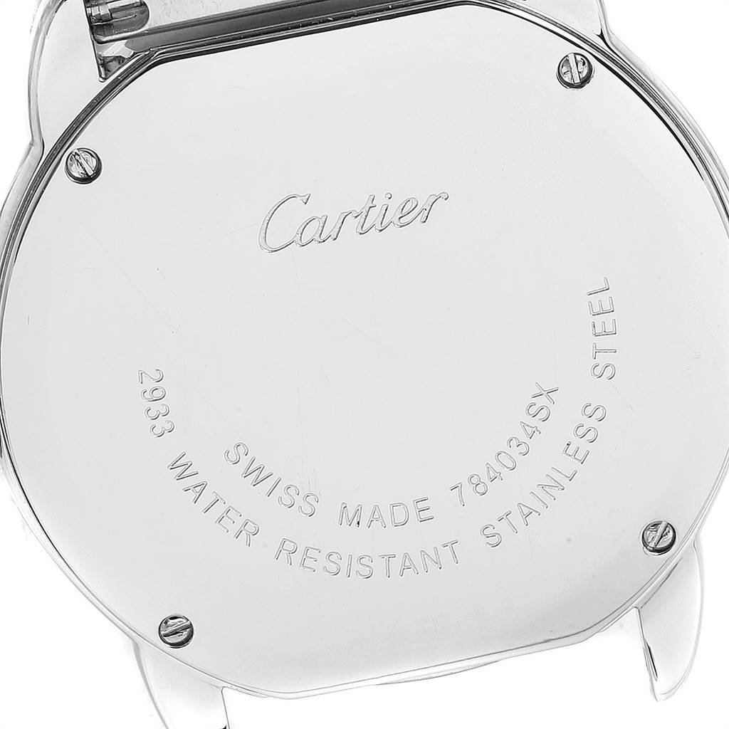 The image shows the back case of a Cartier Ronde W6701004 Women's Stainless Steel Silver Dial W6701004 Women's Stainless Steel Silver Dial watch, highlighting its stainless steel and water-resistant features.