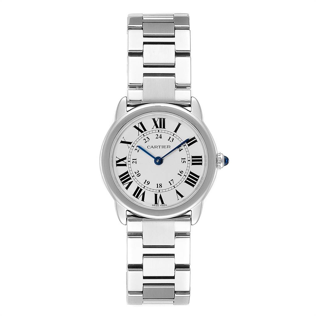 The Cartier Ronde W6701004 Women's Stainless Steel Silver Dial W6701004 Women's Stainless Steel Silver Dial model watch is shown from a top-down angle, displaying its face and metal bracelet.