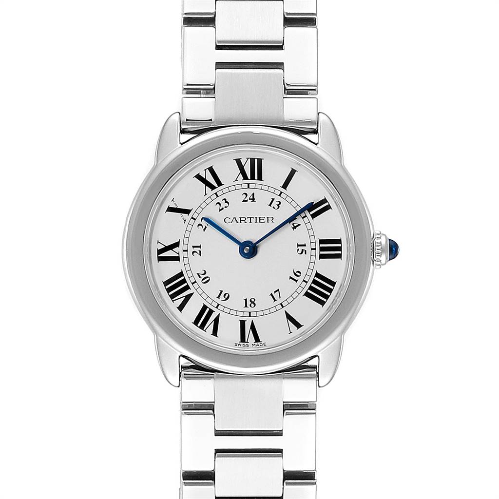The image shows a front view of a Cartier Ronde W6701004 Women's Stainless Steel Silver Dial W6701004 Women's Stainless Steel Silver Dial watch, highlighting the dial, hands, crown, and bracelet.