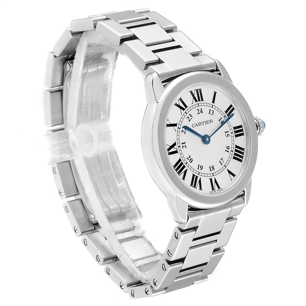 The Cartier Ronde W6701004 Women's Stainless Steel Silver Dial W6701004 Women's Stainless Steel Silver Dial watch is shown at a slight angle, featuring its face, bezel, bracelet, and crown with a blue gem.