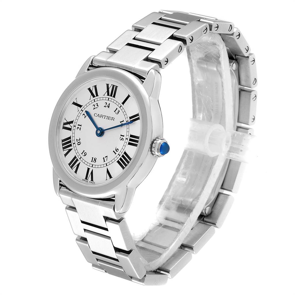 The Ronde model by Cartier is shown at a three-quarter angle, displaying the watch face, bracelet, and crown.