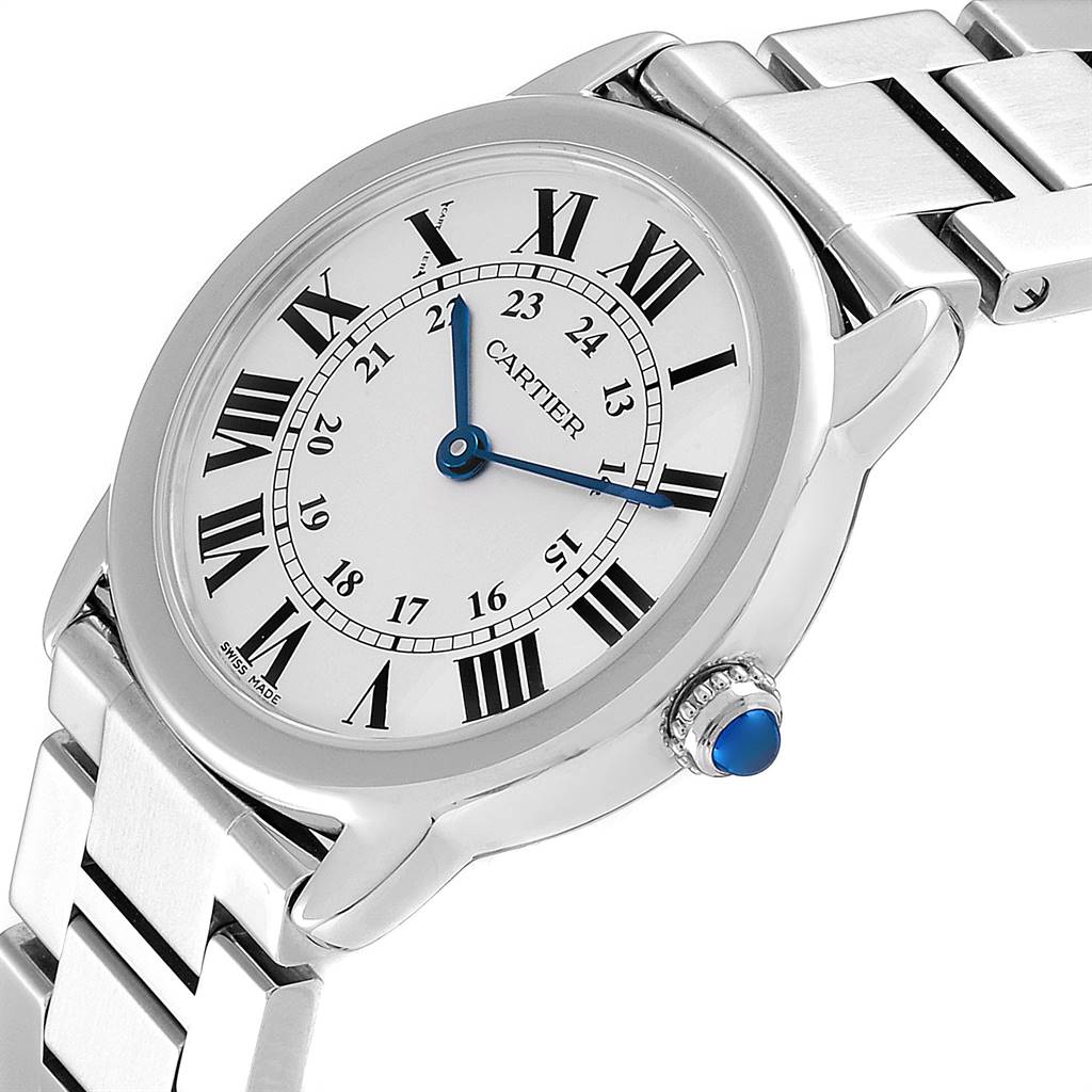 The Cartier Ronde W6701004 Women's Stainless Steel Silver Dial W6701004 Women's Stainless Steel Silver Dial model watch is shown from a front-side angle, highlighting the face, bezel, crown, and bracelet.