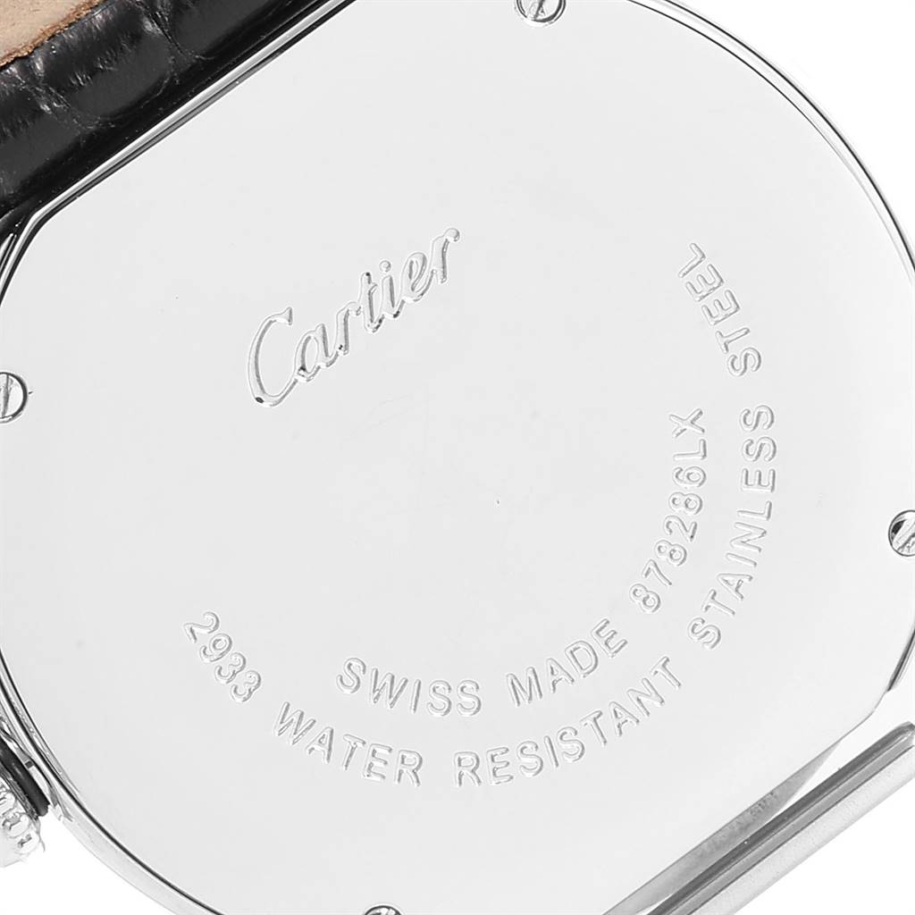 The image shows the back casing of a Cartier Ronde W6700155 Women's Stainless Steel Silver Dial W6700155 Women's Stainless Steel Silver Dial watch, highlighting its engravings and stainless steel material.
