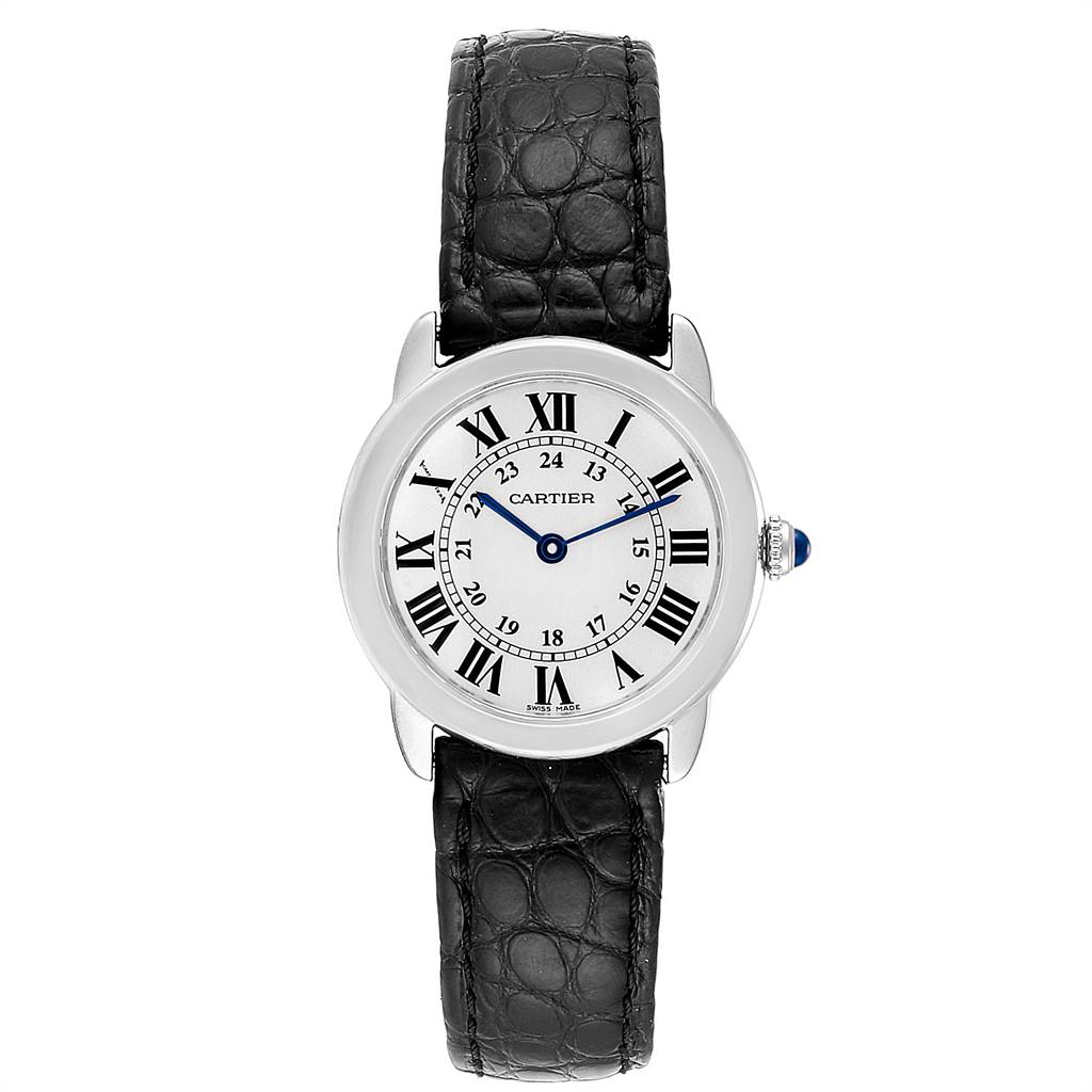 The image shows a front view of a Ronde model by Cartier with a black leather strap.