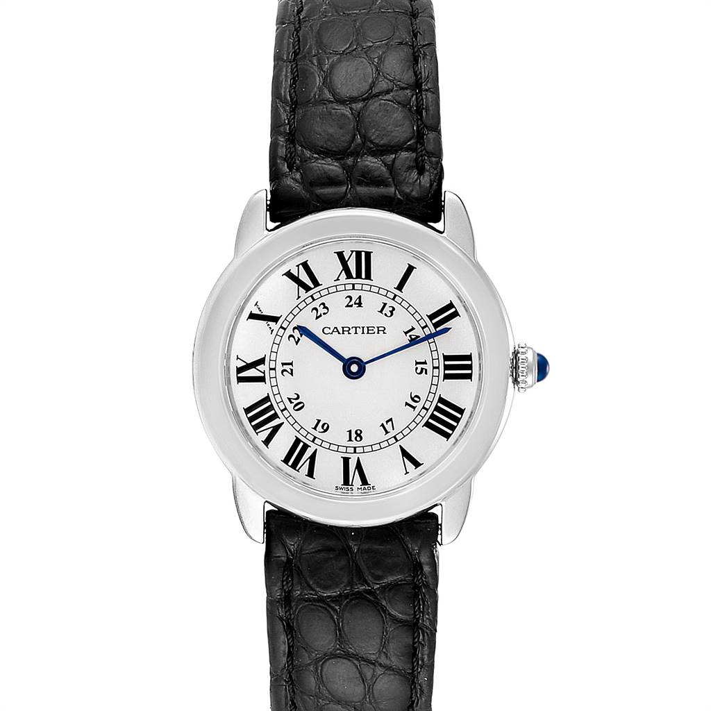The image shows a front view of the Cartier Ronde W6700155 Women's Stainless Steel Silver Dial W6700155 Women's Stainless Steel Silver Dial watch, highlighting its dial, Roman numerals, blue hands, and black leather strap.