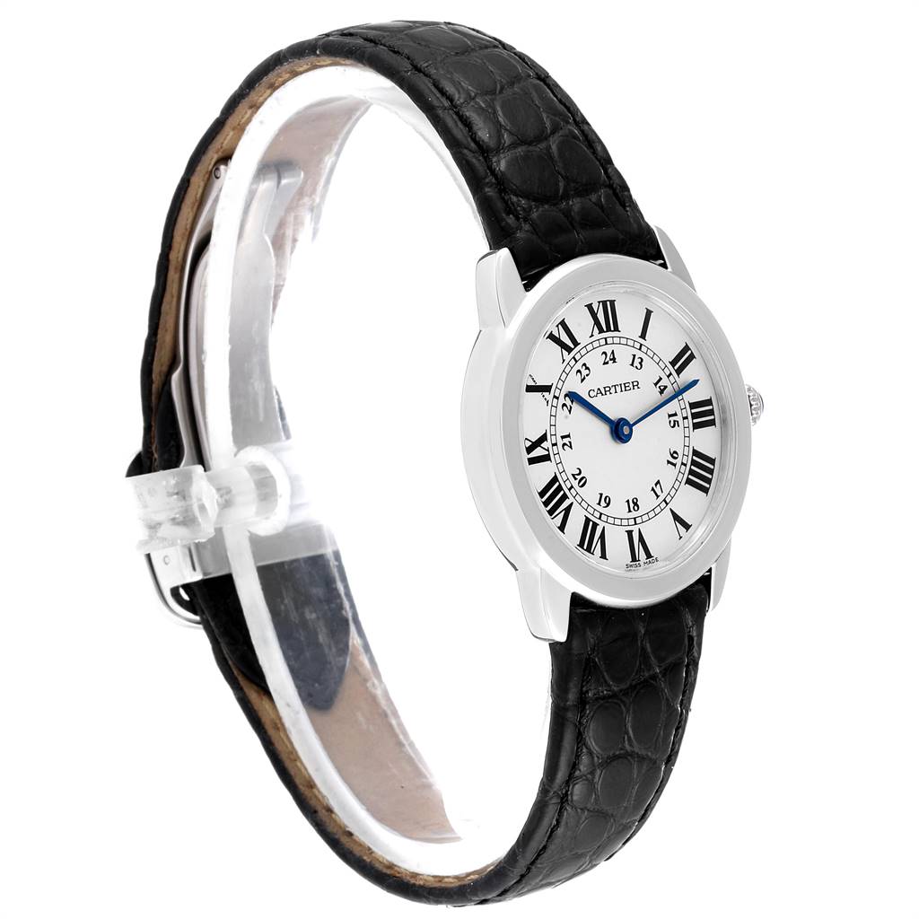 The Cartier Ronde W6700155 Women's Stainless Steel Silver Dial W6700155 Women's Stainless Steel Silver Dial watch is shown at a three-quarter angle, displaying the black leather strap and white dial with Roman numerals.