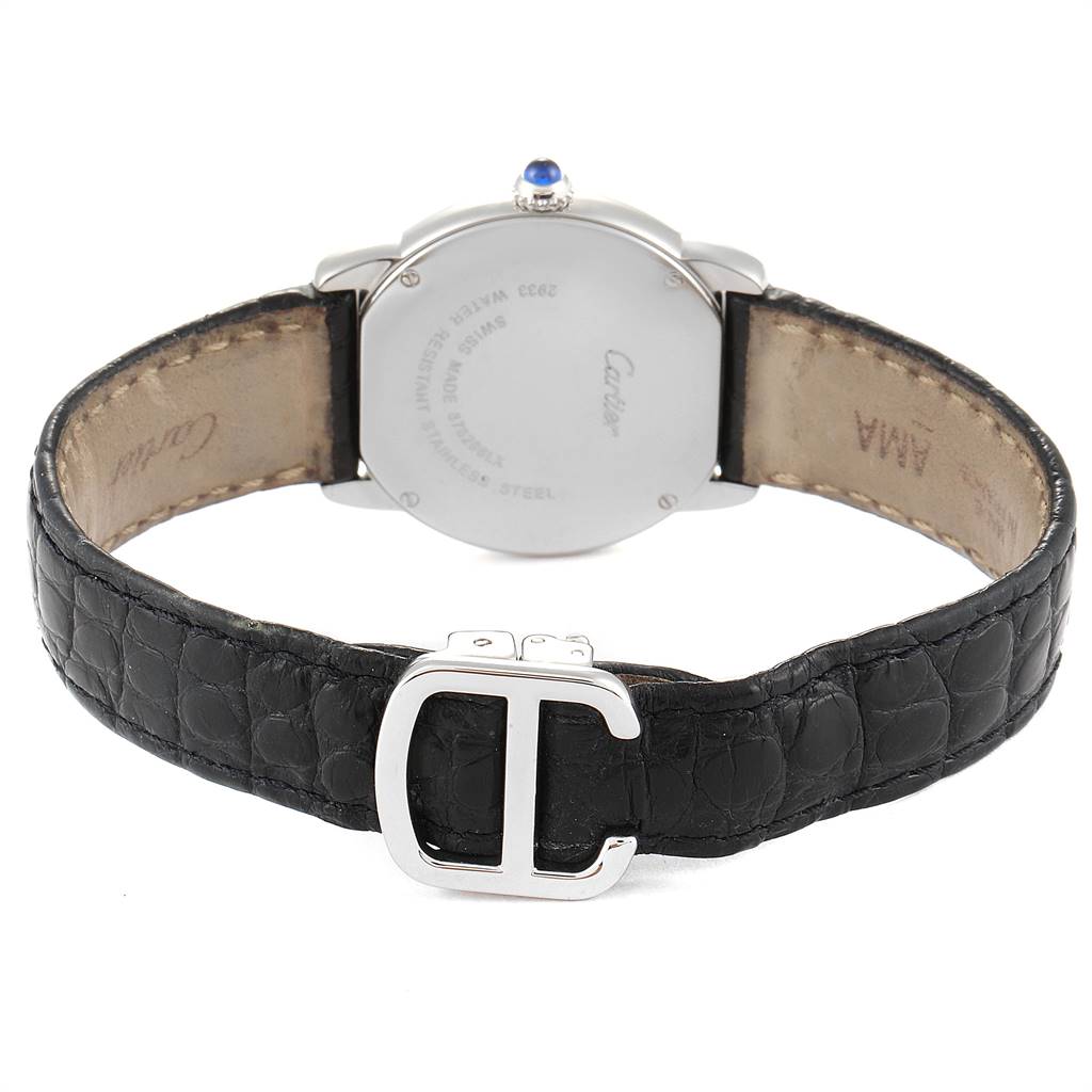 The image shows the back view of a Cartier Ronde W6700155 Women's Stainless Steel Silver Dial W6700155 Women's Stainless Steel Silver Dial watch, highlighting the case back, black leather strap, and clasp.