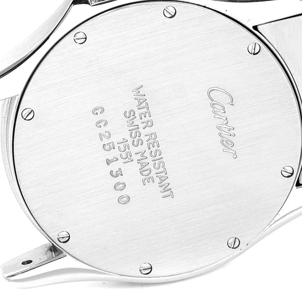 This image shows the back case of the Cartier Ronde W20028G1 Steel and Gold (two tone) Silver Dial W20028G1 Steel and Gold (two tone) Silver Dial watch, displaying screws and engraved details.