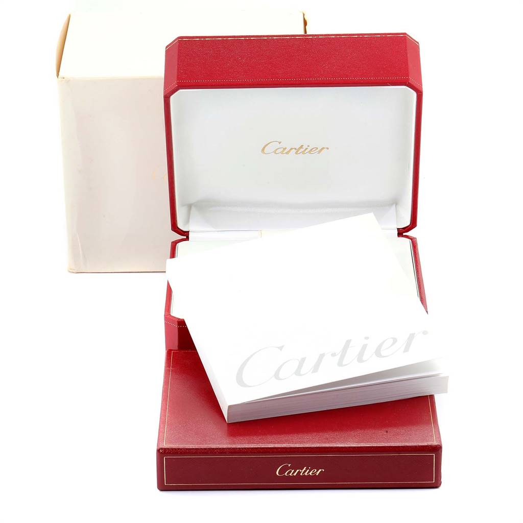 The image shows a Cartier Ronde W20028G1 Steel and Gold (two tone) Silver Dial W20028G1 Steel and Gold (two tone) Silver Dial model watch box, opened to display its interior and accompanying paperwork.