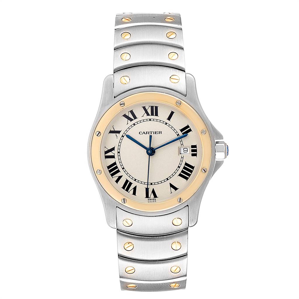 This image shows a frontal view of the Cartier Ronde W20028G1 Steel and Gold (two tone) Silver Dial W20028G1 Steel and Gold (two tone) Silver Dial model watch including its face, bezel, and bracelet.