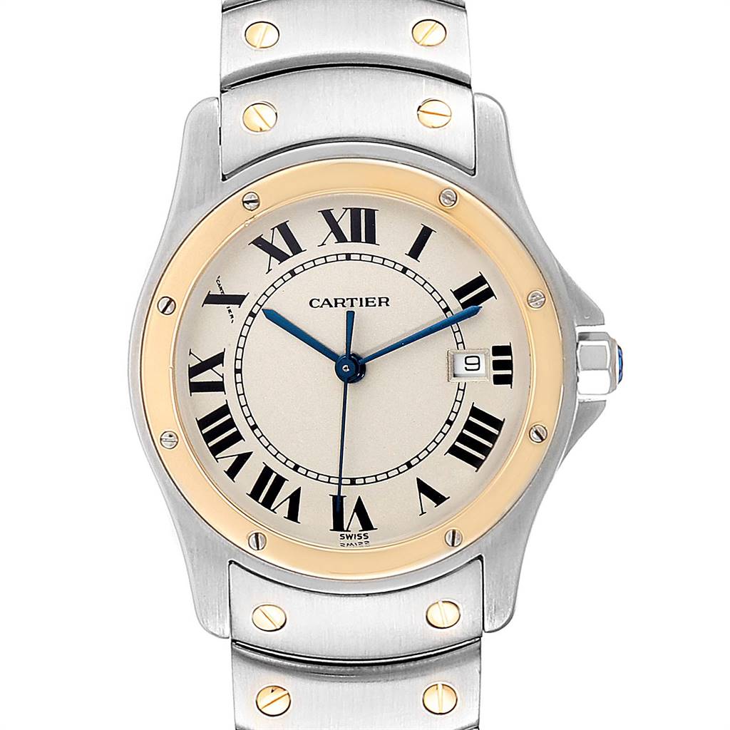 This image shows a Cartier Ronde W20028G1 Steel and Gold (two tone) Silver Dial W20028G1 Steel and Gold (two tone) Silver Dial model watch with a beige dial, Roman numerals, and a sleek, silver and gold bracelet.