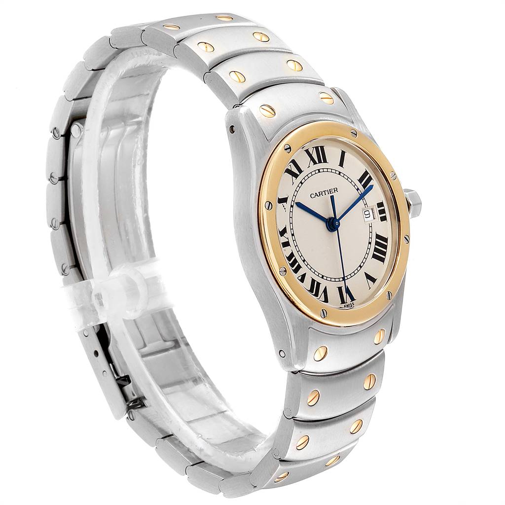 The Cartier Ronde W20028G1 Steel and Gold (two tone) Silver Dial W20028G1 Steel and Gold (two tone) Silver Dial watch is shown from an angled side view, displaying the face, dial, crown, and metal bracelet.