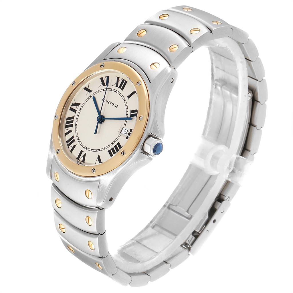This image shows a Cartier Ronde W20028G1 Steel and Gold (two tone) Silver Dial W20028G1 Steel and Gold (two tone) Silver Dial model watch from a three-quarter angle, showcasing the face, bezel, and bracelet.