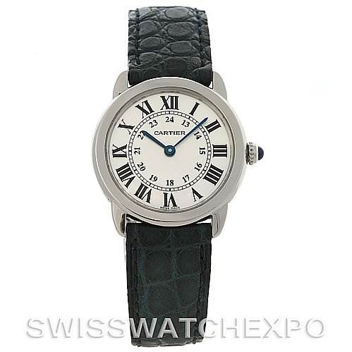 This image shows a front view of the Cartier Ronde W6700155 Women's Stainless Steel Silver Dial W6700155 Women's Stainless Steel Silver Dial watch, highlighting its Roman numeral dial and leather strap.