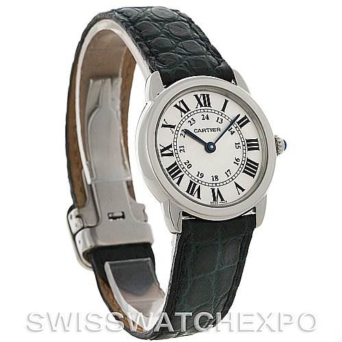 The image shows a side-angle view of a Cartier Ronde W6700155 Women's Stainless Steel Silver Dial W6700155 Women's Stainless Steel Silver Dial model watch, featuring its face, strap, and clasp.