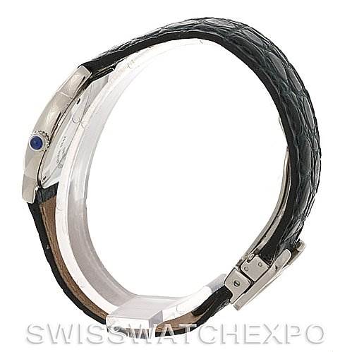 The image shows the side profile of the Cartier Ronde W6700155 Women's Stainless Steel Silver Dial W6700155 Women's Stainless Steel Silver Dial watch, highlighting the leather strap and clasp.