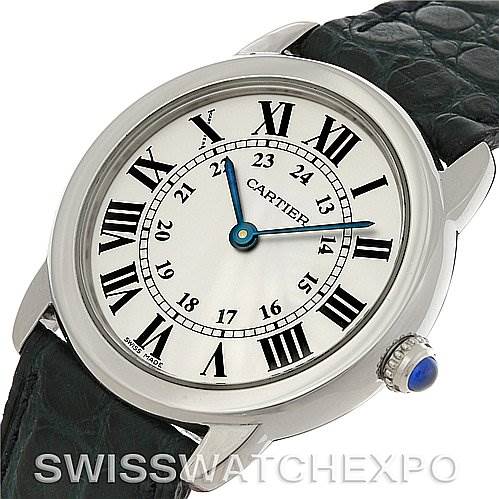 The image shows a Cartier Ronde W6700155 Women's Stainless Steel Silver Dial W6700155 Women's Stainless Steel Silver Dial watch from an angled view, displaying its face with Roman numerals, blue hands, and a black leather strap.