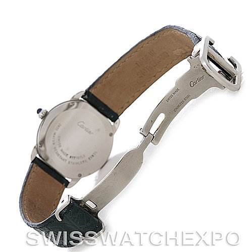 The image shows the back of the Cartier Ronde W6700155 Women's Stainless Steel Silver Dial W6700155 Women's Stainless Steel Silver Dial watch, including the case back, leather strap, and clasp.