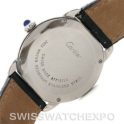 The image shows the back of a Cartier Ronde W6700155 Women's Stainless Steel Silver Dial W6700155 Women's Stainless Steel Silver Dial watch, including the case back, crown, and leather strap.