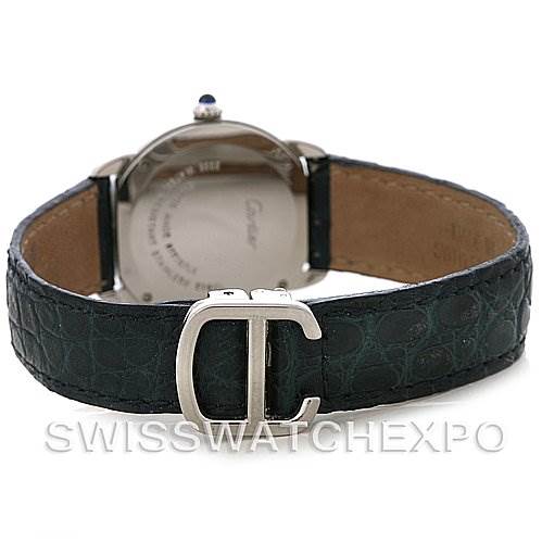 The image shows the back view of a Cartier Ronde W6700155 Women's Stainless Steel Silver Dial W6700155 Women's Stainless Steel Silver Dial model watch, focusing on the case back and the leather strap with a buckle.