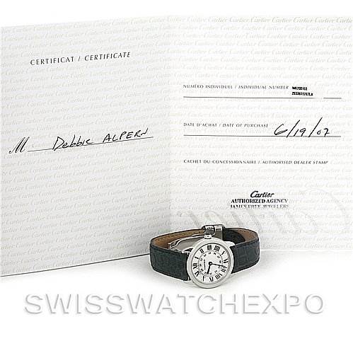 The image shows a Cartier Ronde W6700155 Women's Stainless Steel Silver Dial W6700155 Women's Stainless Steel Silver Dial watch at an angle, with a certificate of authenticity in the background.
