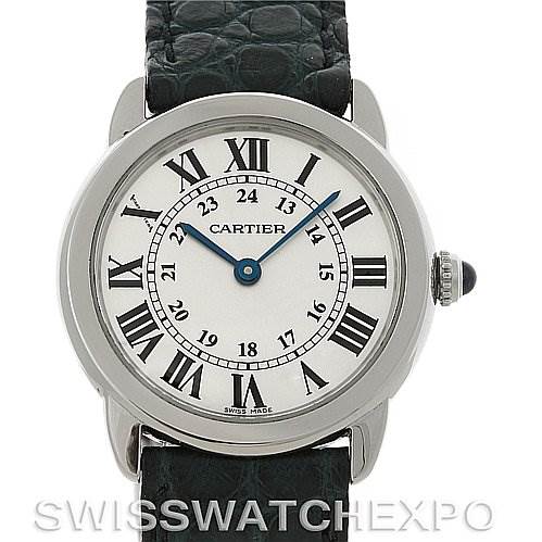 The image shows a front view of the Cartier Ronde W6700155 Women's Stainless Steel Silver Dial W6700155 Women's Stainless Steel Silver Dial watch including the dial, Roman numerals, hands, case, and part of the strap.