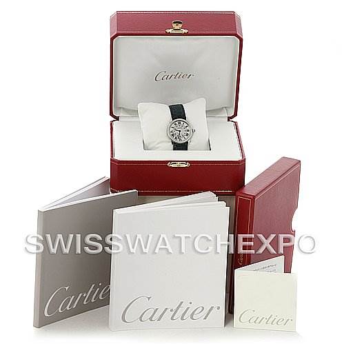 The image shows a Cartier Ronde W6700155 Women's Stainless Steel Silver Dial W6700155 Women's Stainless Steel Silver Dial watch in an open red box, accompanied by several booklets and the outer box.