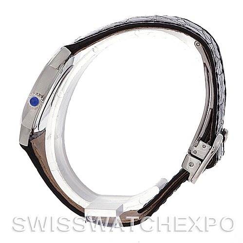 The image shows a side profile view of a Cartier Ronde W6700155 Women's Stainless Steel Silver Dial W6700155 Women's Stainless Steel Silver Dial watch, highlighting the crown with its blue stone, case, and leather strap.