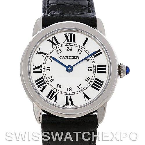 The image shows a frontal view of a Cartier Ronde W6700155 Women's Stainless Steel Silver Dial W6700155 Women's Stainless Steel Silver Dial watch highlighting its white dial, Roman numerals, and black leather strap.