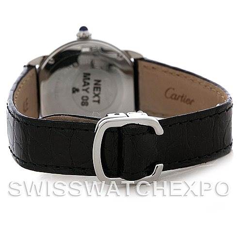 This image shows the back of the Cartier Ronde W6700155 Women's Stainless Steel Silver Dial W6700155 Women's Stainless Steel Silver Dial watch, highlighting its black leather strap and silver buckle.