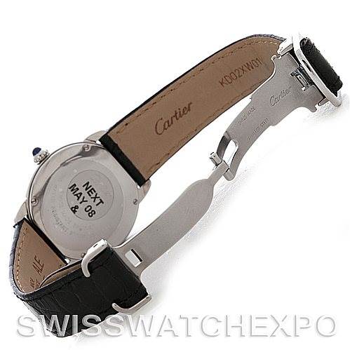 The image shows the back and strap of a Cartier Ronde W6700155 Women's Stainless Steel Silver Dial W6700155 Women's Stainless Steel Silver Dial watch, displaying an open leather band and the clasp mechanism.