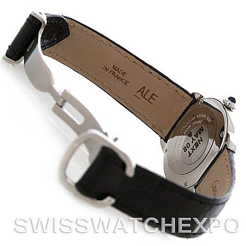 This image shows the back and leather strap of a Cartier Ronde W6700155 Women's Stainless Steel Silver Dial W6700155 Women's Stainless Steel Silver Dial watch at an oblique angle.