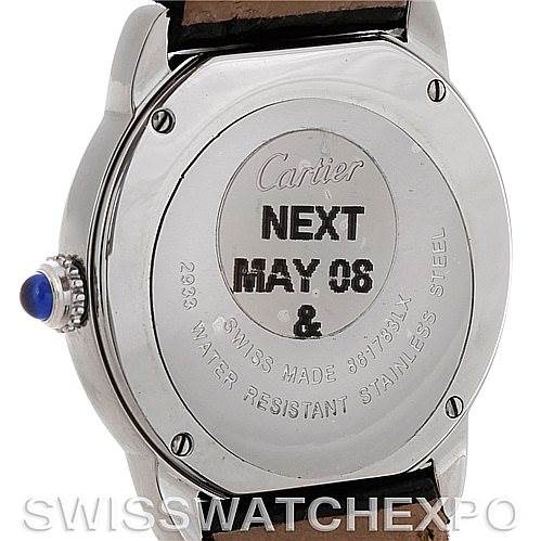 The image shows the back and part of the side of a Cartier Ronde W6700155 Women's Stainless Steel Silver Dial W6700155 Women's Stainless Steel Silver Dial watch, including the crown with a blue cabochon.