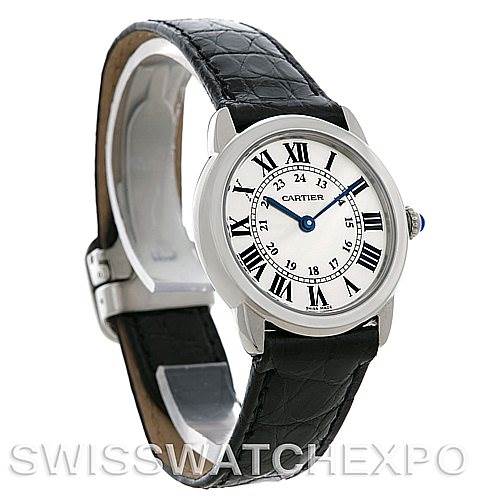 The image shows a Cartier Ronde W6700155 Women's Stainless Steel Silver Dial W6700155 Women's Stainless Steel Silver Dial watch from a front and slight side angle, highlighting its face, strap, and buckle.