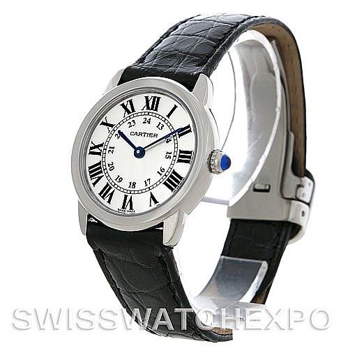 The image shows a front and side angle of the Cartier Ronde W6700155 Women's Stainless Steel Silver Dial W6700155 Women's Stainless Steel Silver Dial watch, displaying its dial, Roman numerals, leather strap, and clasp.