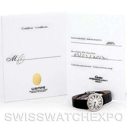 The image shows a Cartier Ronde W6700155 Women's Stainless Steel Silver Dial W6700155 Women's Stainless Steel Silver Dial watch placed next to its certificate booklet, viewed from a front angle.