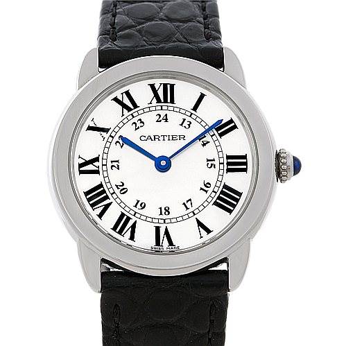 The image shows a Cartier Ronde W6700155 Women's Stainless Steel Silver Dial W6700155 Women's Stainless Steel Silver Dial watch from a front view, displaying the dial with Roman numerals, black leather strap, and the crown.