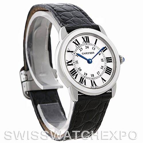 The image shows a Ronde model by Cartier at a slight angle, displaying its dial, bezel, and black leather strap.