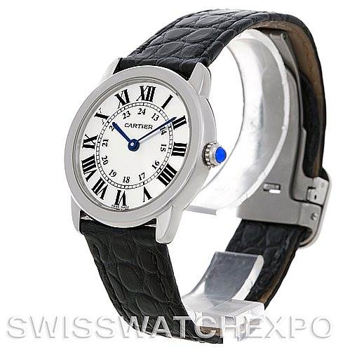 The image shows a side and slightly angled front view of a Cartier Ronde W6700155 Women's Stainless Steel Silver Dial W6700155 Women's Stainless Steel Silver Dial watch, highlighting the face, crown, and leather strap.