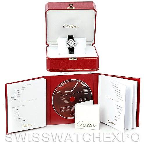 The image shows a Cartier Ronde W6700155 Women's Stainless Steel Silver Dial W6700155 Women's Stainless Steel Silver Dial watch in its box, with additional accessories including manuals and a CD placed in front.