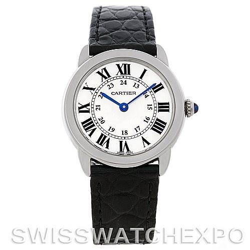 The image shows a front view of a Cartier Ronde W6700155 Women's Stainless Steel Silver Dial W6700155 Women's Stainless Steel Silver Dial model watch, displaying its face, bezel, crown, and leather strap.
